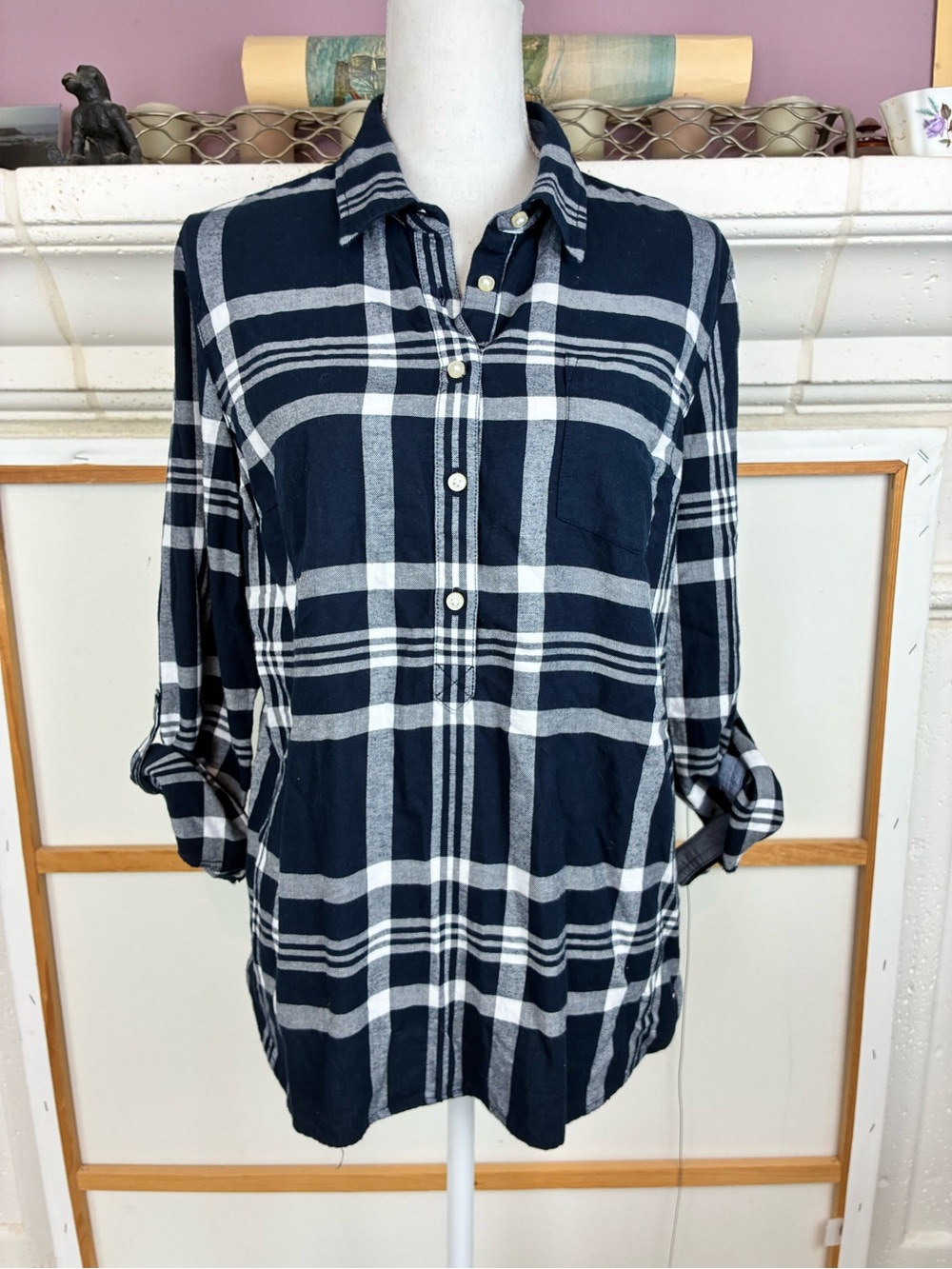 Tommy Hilfiger plaid Flannel Henley  Navy and White Plaid Button-Down Shirt